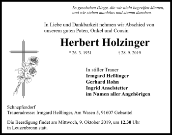 Traueranzeige von Herbert Holzinger von Rothenburg