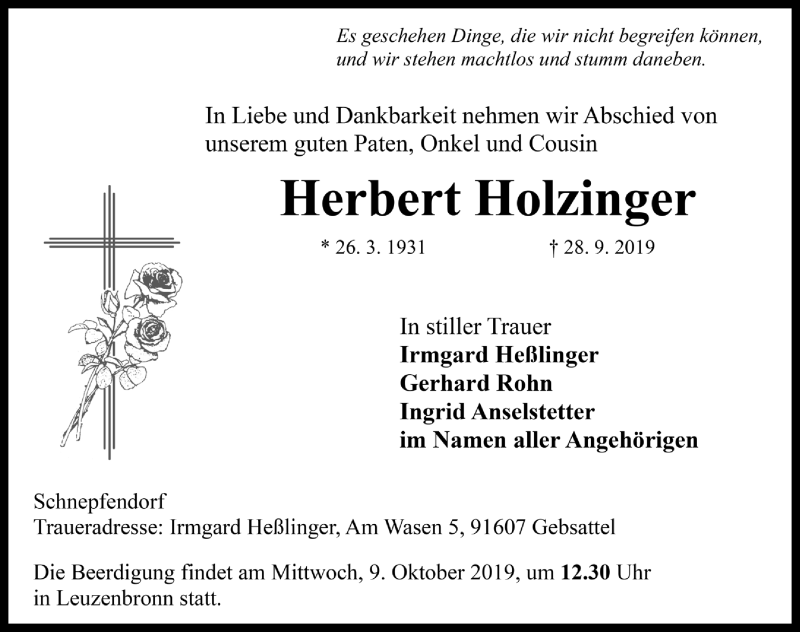  Traueranzeige für Herbert Holzinger vom 05.10.2019 aus Rothenburg