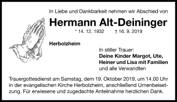 Traueranzeige von Hermann Alt-Deininger von Neustadt/ Scheinfeld/ Uffenheim