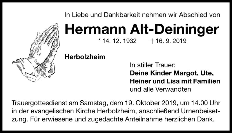  Traueranzeige für Hermann Alt-Deininger vom 12.10.2019 aus Neustadt/ Scheinfeld/ Uffenheim