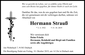 Traueranzeige von Hermann Strauß von Rothenburg