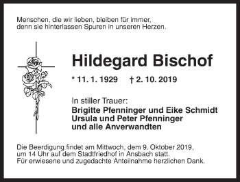 Traueranzeige von Hildegard Bischof von Ansbach
