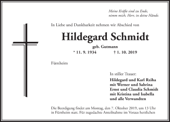 Traueranzeige von Hildegard Schmidt von Dinkelsbühl/ Feuchtwangen
