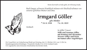 Traueranzeige von Irmgard Göller von Ansbach