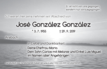 Traueranzeige von Josè González González von Ansbach