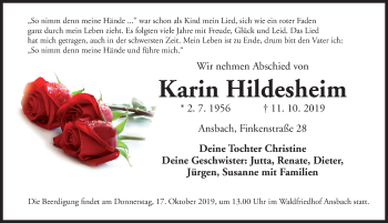 Traueranzeige von Karin Hildesheim von Ansbach