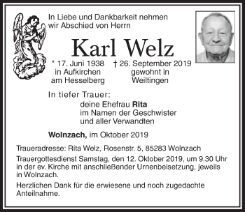 Traueranzeige von Karl Welz von Dinkelsbühl/ Feuchtwangen