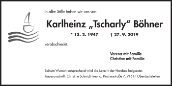 Traueranzeige von Karlheinz Böhner von Ansbach