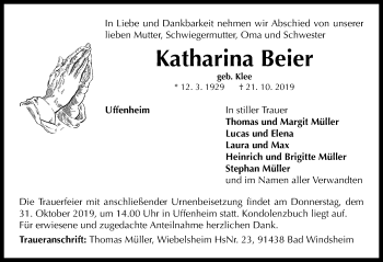 Traueranzeige von Katharina Beier von Neustadt/ Scheinfeld/ Uffenheim