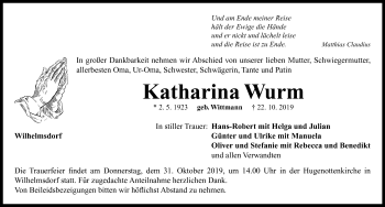 Traueranzeige von Katharina Wurm von Neustadt/ Scheinfeld/ Uffenheim