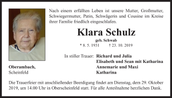 Traueranzeige von Klara Schulz von Neustadt/ Scheinfeld/ Uffenheim