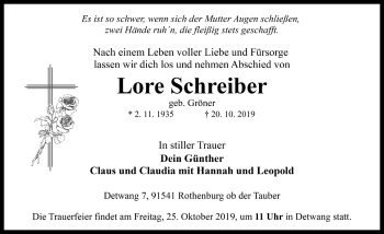 Traueranzeige von Lore Schreiber von Rothenburg