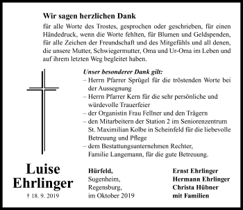 Traueranzeige von Luise Ehrlinger von Neustadt/ Scheinfeld/ Uffenheim