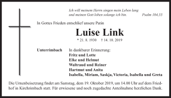 Traueranzeige von Luise Link von Neustadt/ Scheinfeld/ Uffenheim