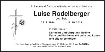 Traueranzeige von Luise Rodelberger von Ansbach