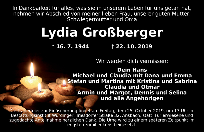  Traueranzeige für Lydia Großberger vom 23.10.2019 aus Ansbach