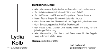 Traueranzeige von Lydia Kolb von Ansbach