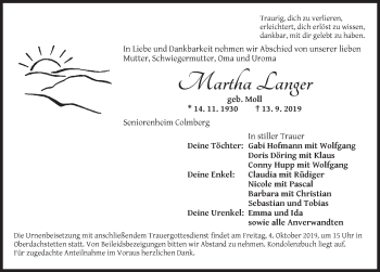 Traueranzeige von MArtha Langer von Ansbach