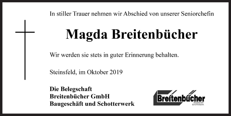  Traueranzeige für Magda Breitenbücher vom 24.10.2019 aus Rothenburg