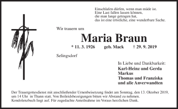 Traueranzeige von Maria Braun von Dinkelsbühl/ Feuchtwangen