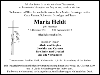 Traueranzeige von Maria Heldt von Rothenburg