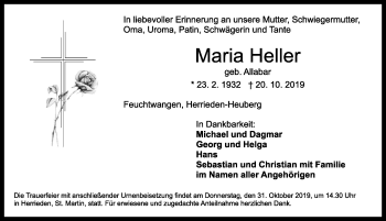 Traueranzeige von Maria Heller von Ansbach