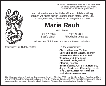 Traueranzeige von Maria Rauh von Ansbach