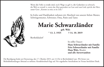 Traueranzeige von Marie Schwarzländer von Ansbach