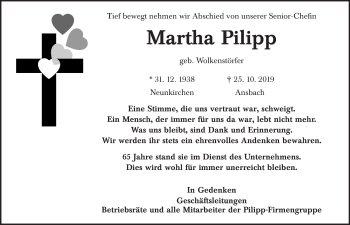 Traueranzeige von Martha Pilipp von Ansbach