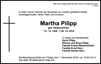 Traueranzeige von Martha Pilipp von Ansbach