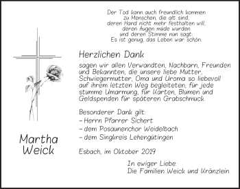 Traueranzeige von Martha Weick von Fränkische Landeszeitung