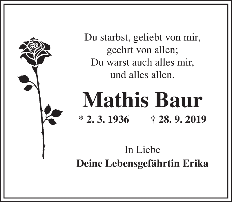  Traueranzeige für Mathis Baur vom 09.10.2019 aus Dinkelsbühl/ Feuchtwangen