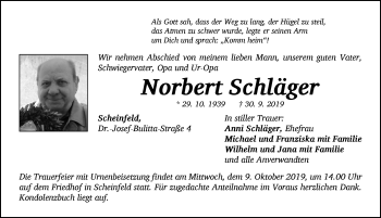 Traueranzeige von Norbert Schläger von Neustadt/ Scheinfeld/ Uffenheim