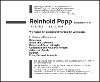 Traueranzeige von Reinhold Popp von Ansbach