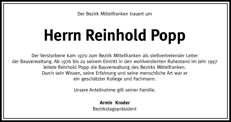  Traueranzeige für Reinhold Popp vom 09.10.2019 aus Ansbach