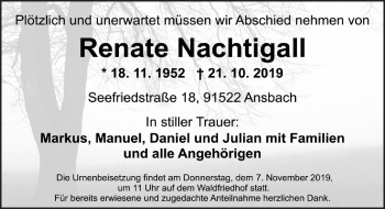 Traueranzeige von Renate Nachtigall von Ansbach