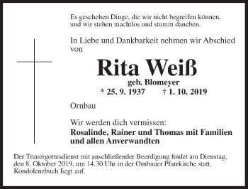 Traueranzeige von Rita Weiß von Ansbach