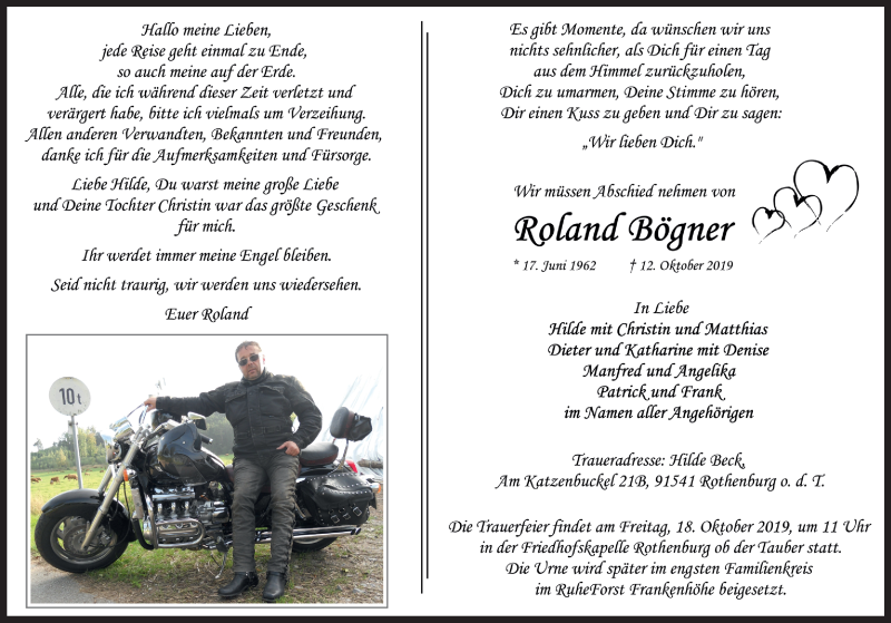  Traueranzeige für Roland Bögner vom 16.10.2019 aus Rothenburg