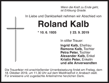 Traueranzeige von Roland Kalb von Ansbach