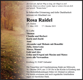 Traueranzeige von Rosa Raidel von Rothenburg