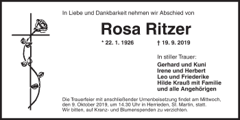 Traueranzeige von Rosa Ritzer von Ansbach