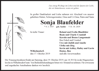 Traueranzeige von Sonja Blaufelder von Neustadt/ Scheinfeld/ Uffenheim