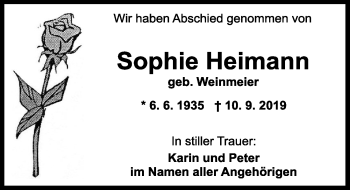 Traueranzeige von Sophie Heimann von Ansbach