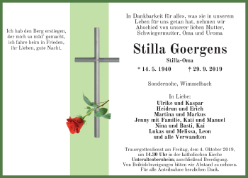 Traueranzeige von Stilla Goergens von Ansbach