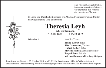 Traueranzeige von Theresia Leyh von Fränkische Landeszeitung