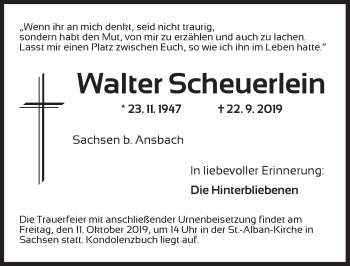 Traueranzeige von Walter Scheuerlein von Ansbach