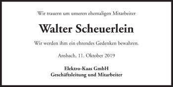 Traueranzeige von Walter Scheuerlein von Ansbach