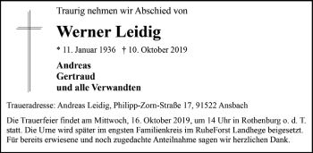 Traueranzeige von Werner Leidig von Rothenburg