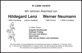 Traueranzeige von Werner Neumann von Ansbach