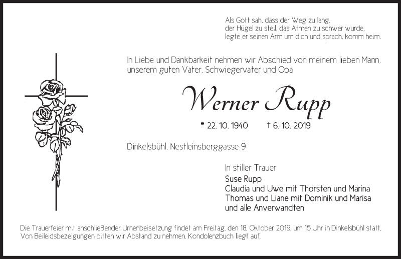  Traueranzeige für Werner Rupp vom 16.10.2019 aus Dinkelsbühl/ Feuchtwangen